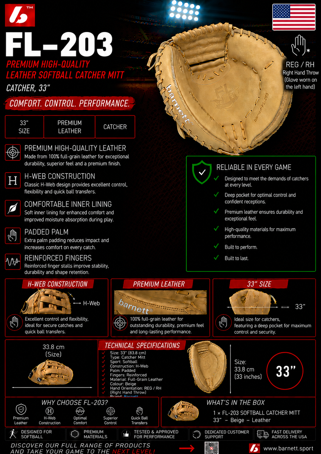 FL-203 Gant de softball, haute qualité, cuir, receveur, Beige