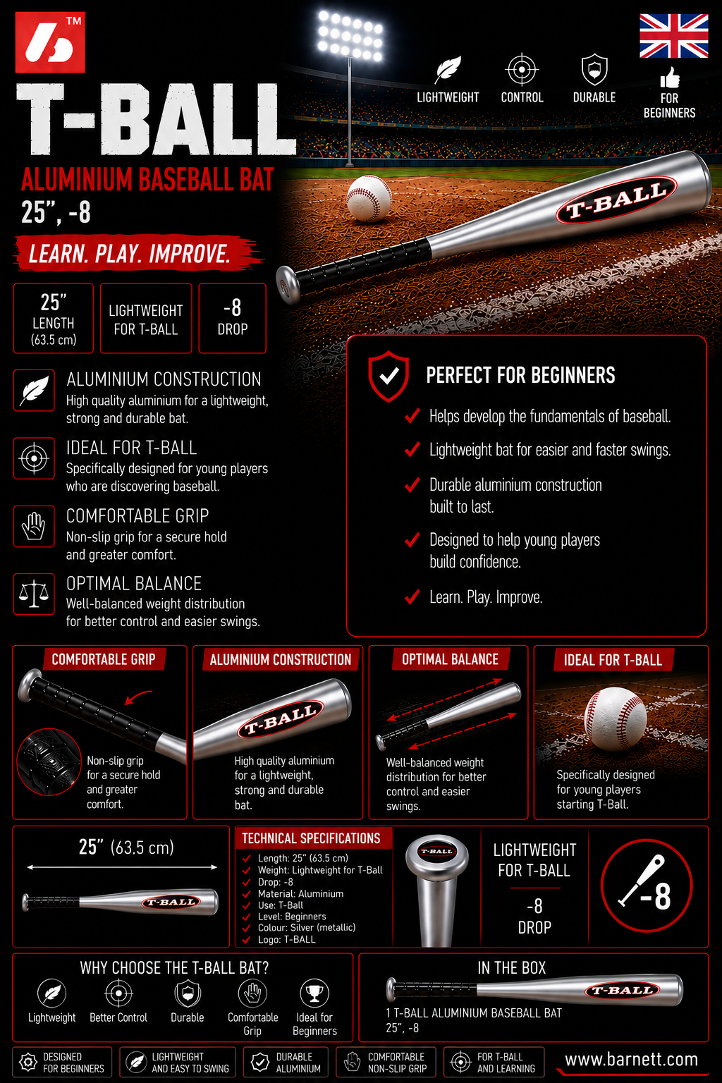 T-BALL Batte de baseball en aluminium, Taille 25 (71,12 cm), Métal argenté
