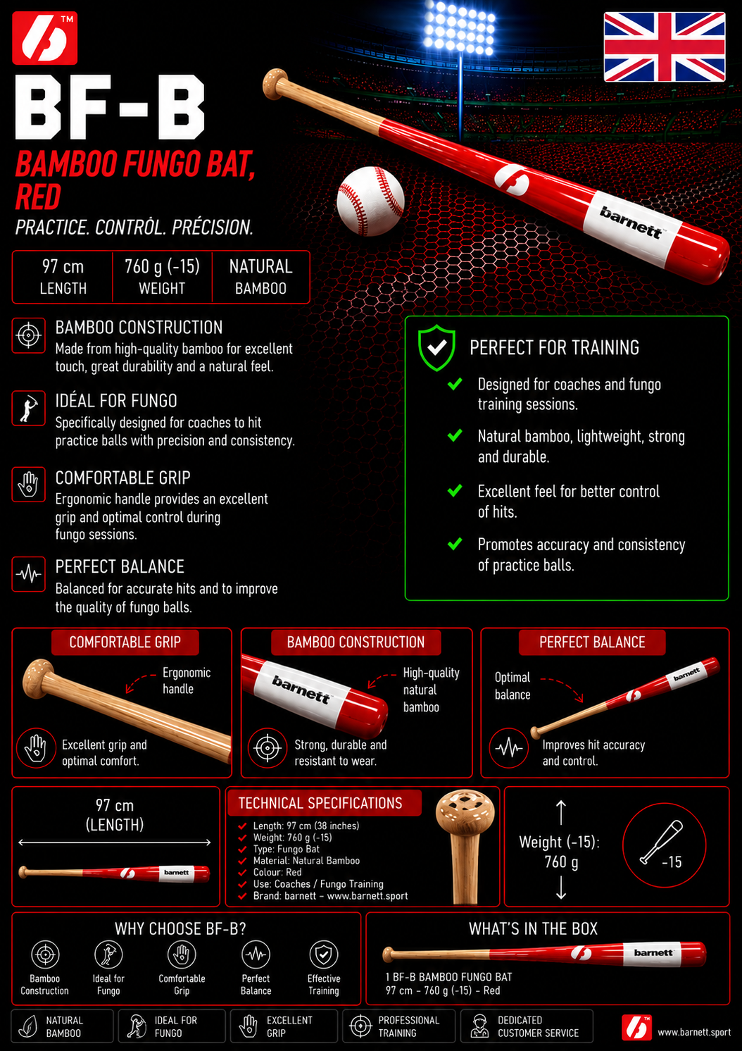 BF-B Batte de baseball, fungo bambou, taille 35 (88,9 cm) ROUGE