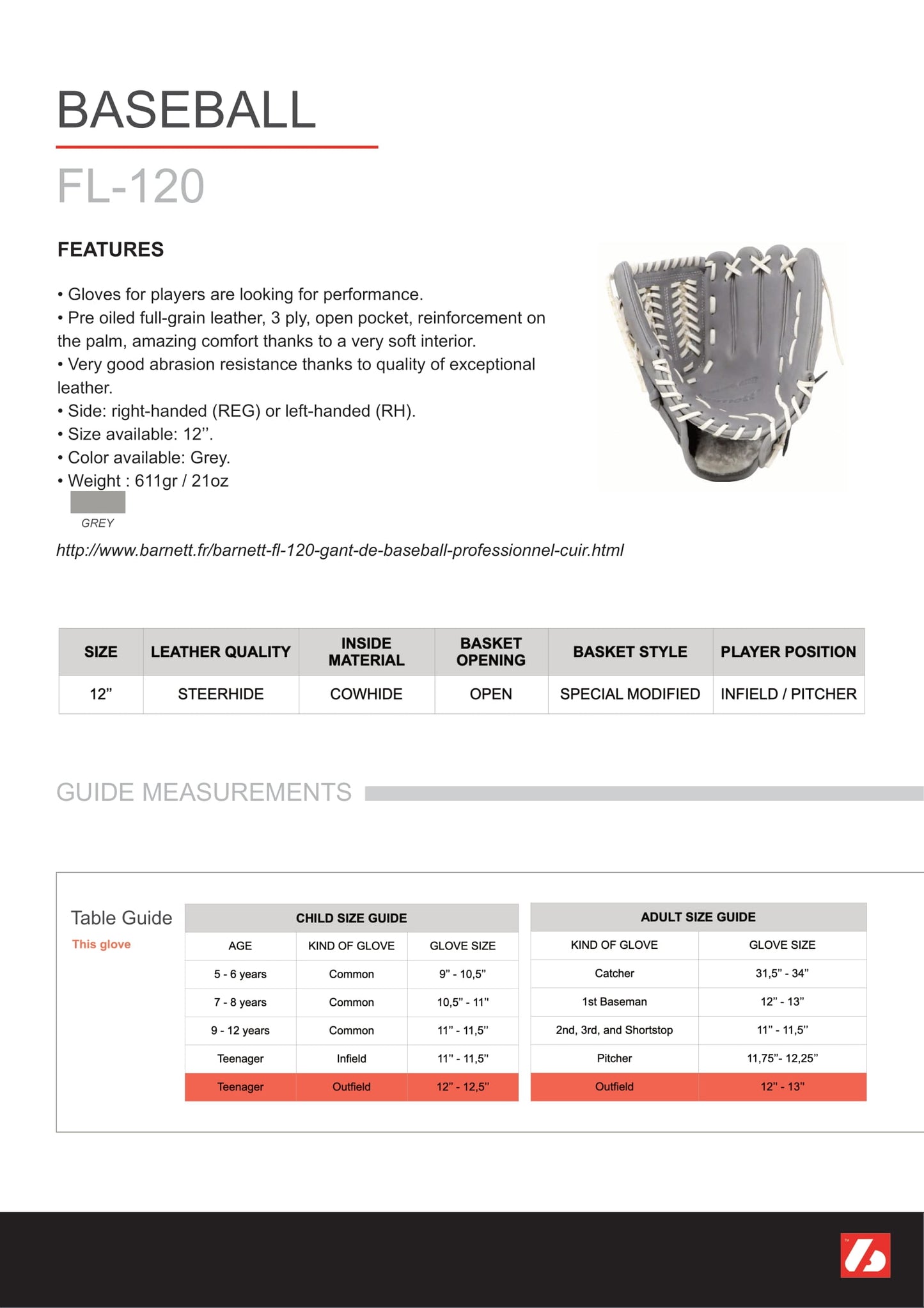 FL-120 gant de baseball en cuir de haute qualité, champ intérieur/extérieur / lanceur 12, gris clair