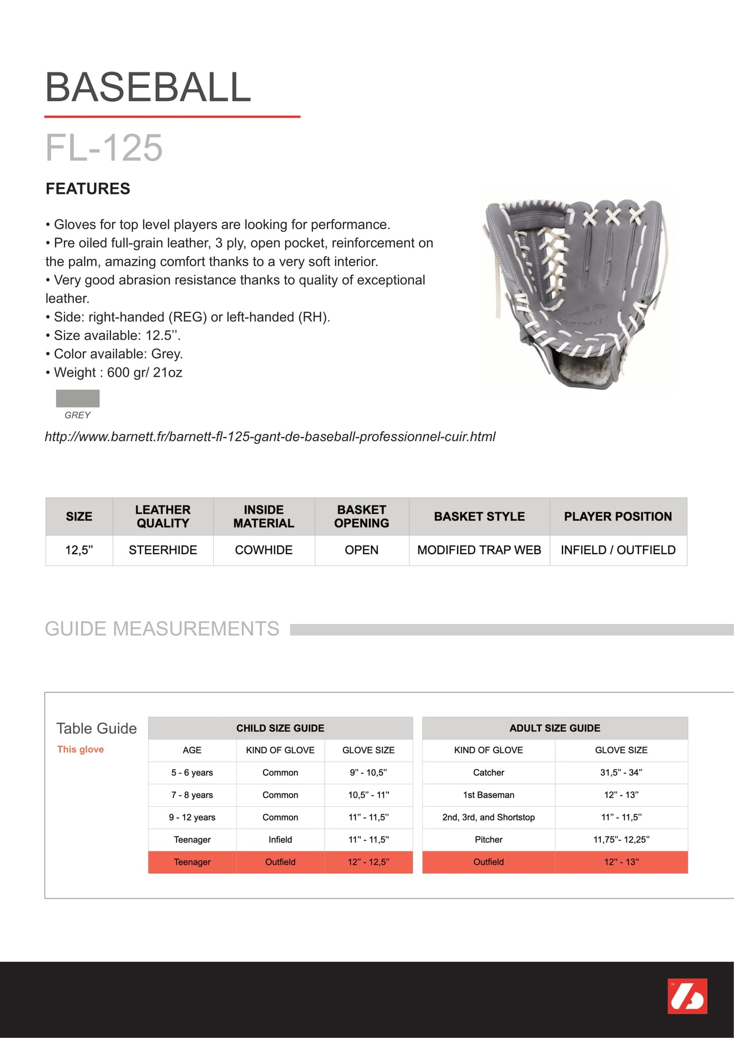 FL-125 gant de baseball en cuir de haute qualité, champ intérieur / champ extérieur / lanceur, gris clair