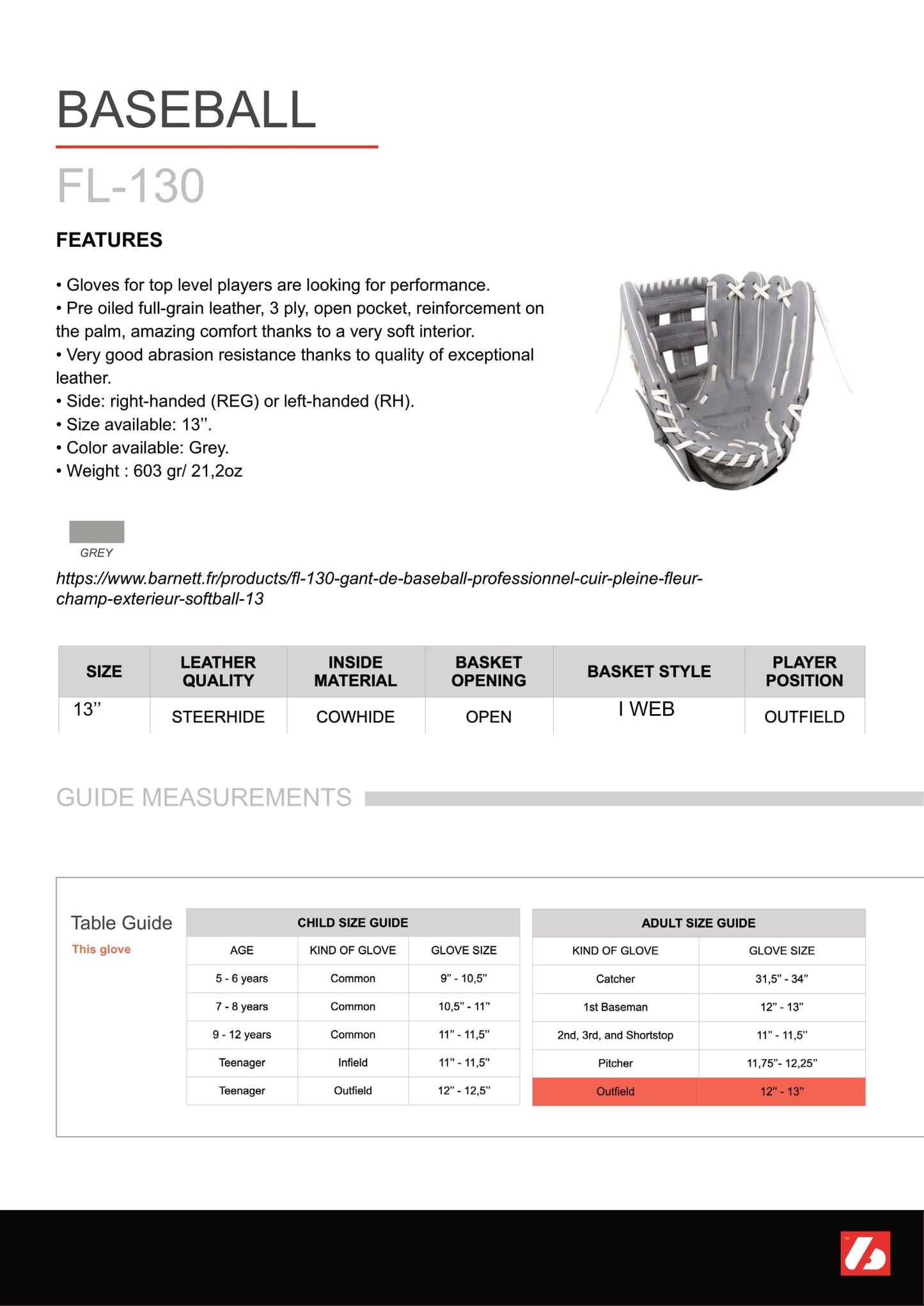 Gant de baseball professionnel FL-130, cuir pleine fleur, champ extérieur, softball, 13'', gris pâle