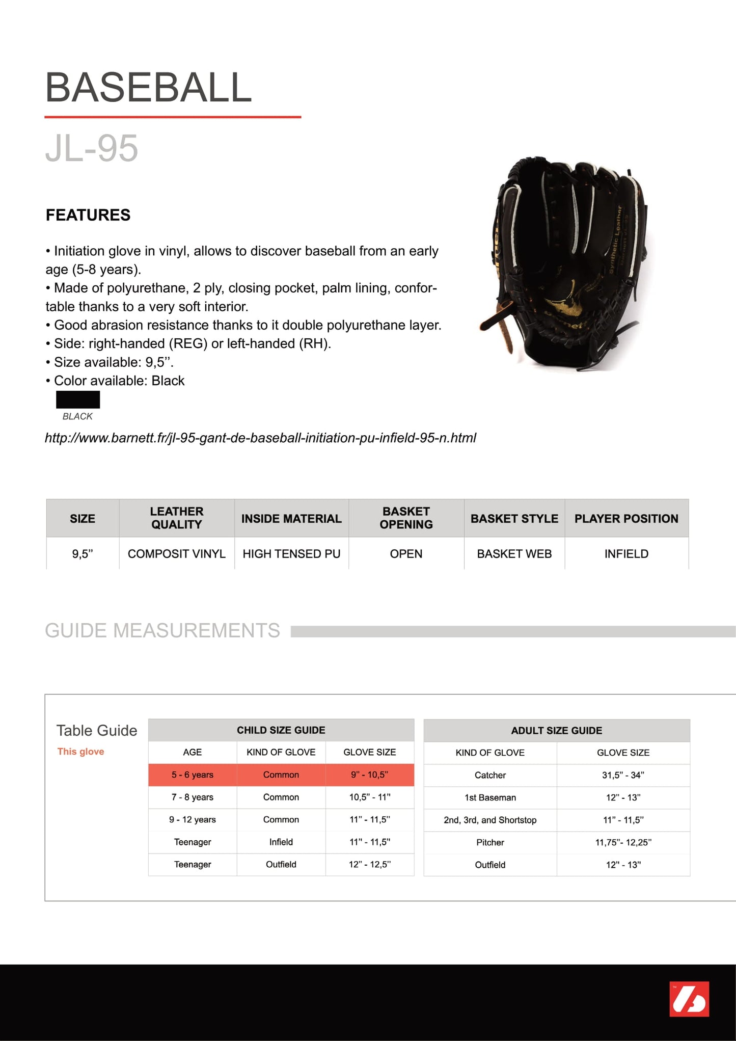 Gant de baseball composite JL-95, Infield, taille 9,5, noir
