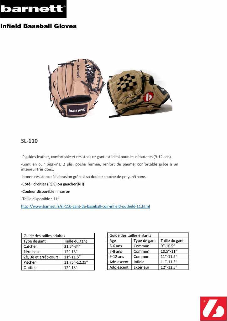 SL-110 Gants de baseball en cuir champ intérieur/extérieur taille 11, marron