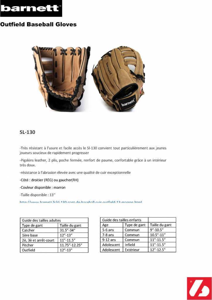SL-130 Gant de baseball en cuir, champ extérieur, taille 13, marron