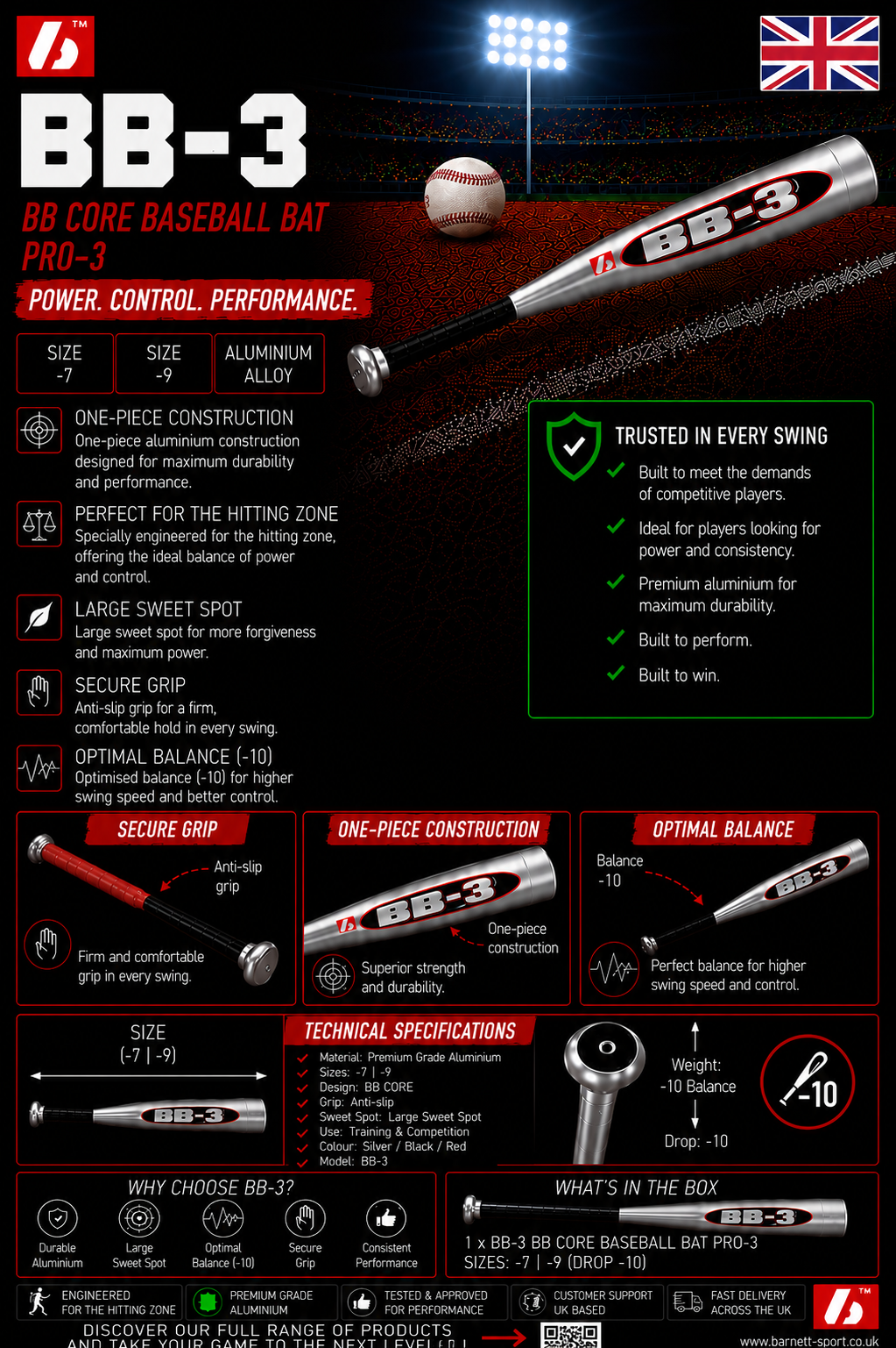 BB-3 BB CORE Batte de baseball en aluminium, Pro, Noir