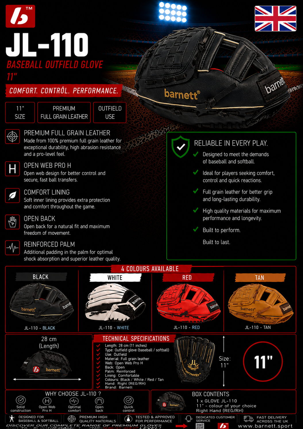 JL-110 – Gants de baseball, non limés, 11", BLANC
