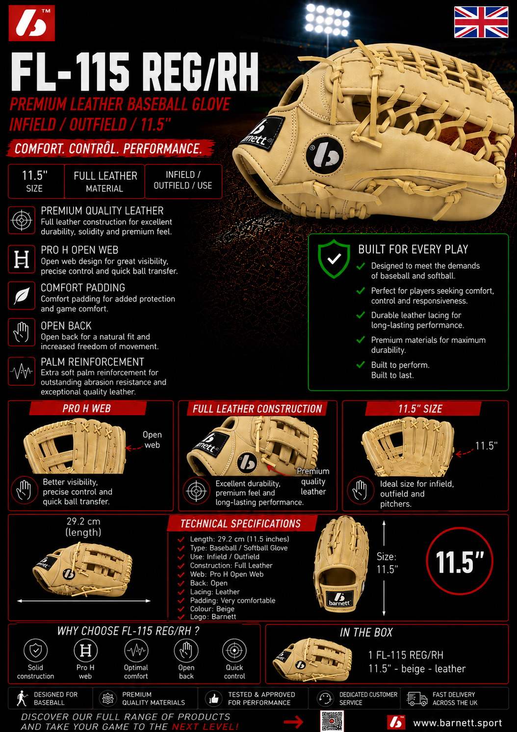 FL-115 Gant de baseball, haute qualité, cuir, champ intérieur/extérieur 11, Beige
