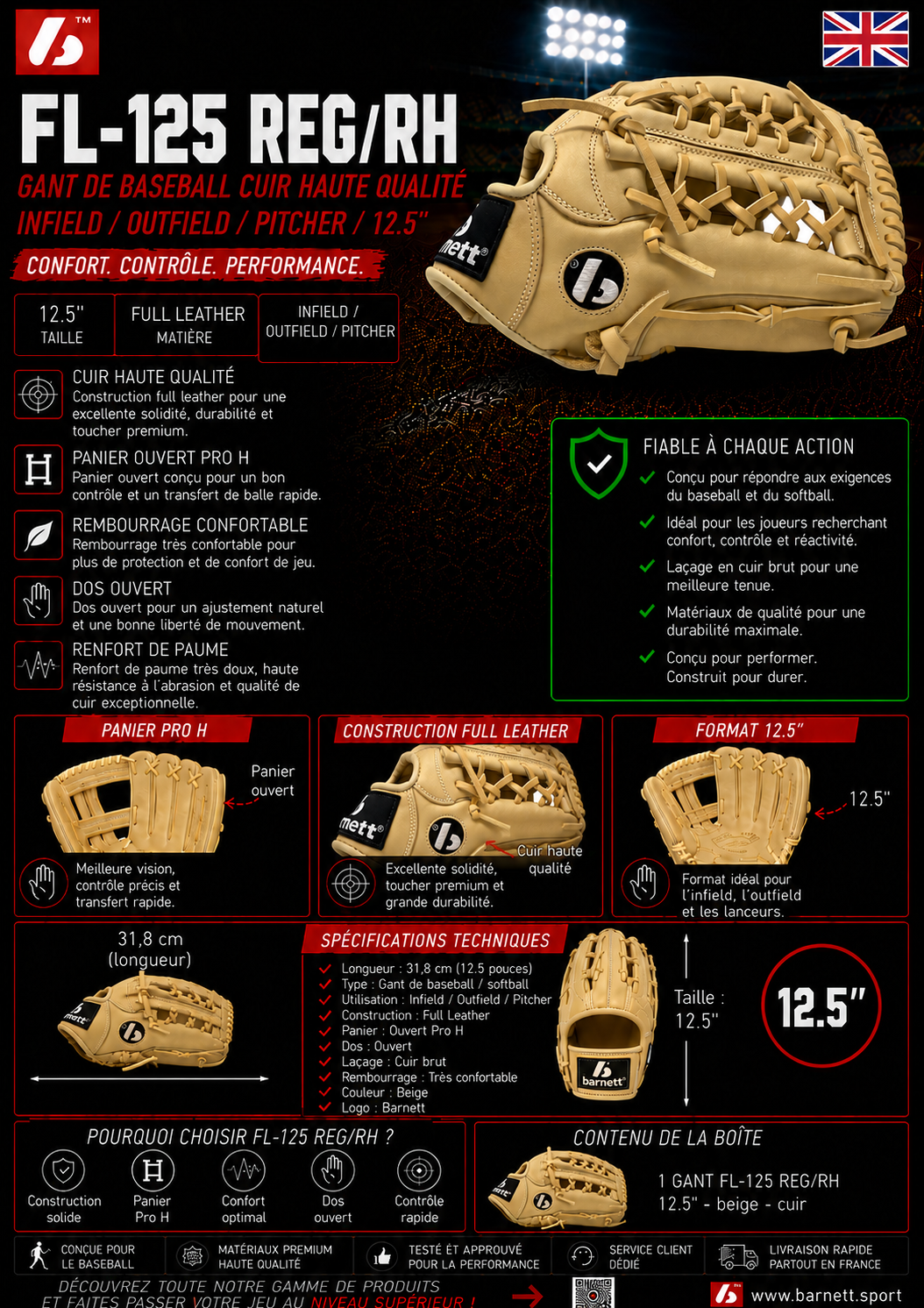 FL-125 Gant de baseball en cuir de haute qualité, champ intérieur / champ extérieur / lanceur, Beige