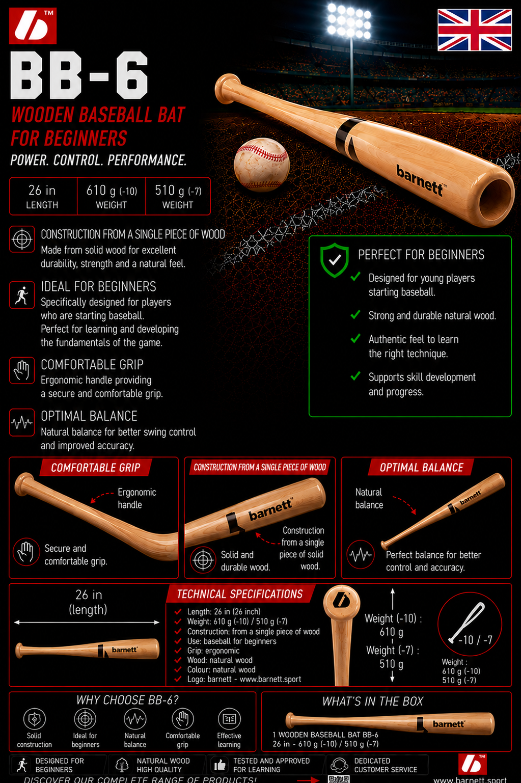 BB-6 Batte de baseball en bois