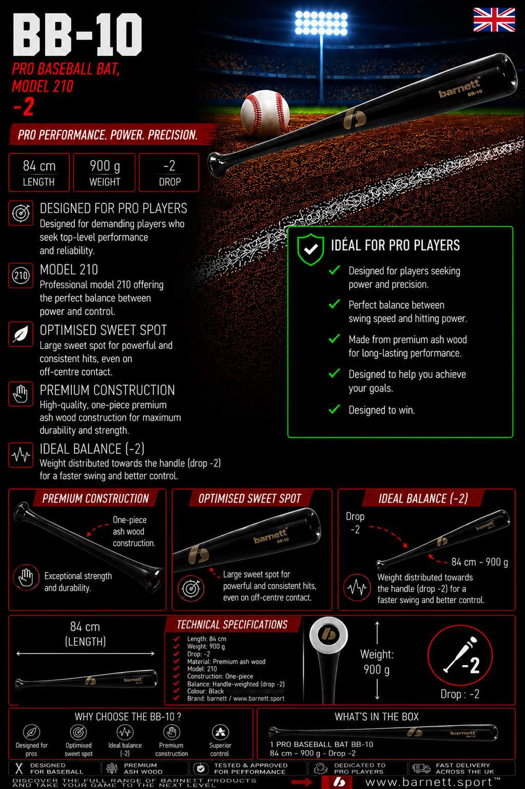BB-10 Batte de baseball en bois d'érable