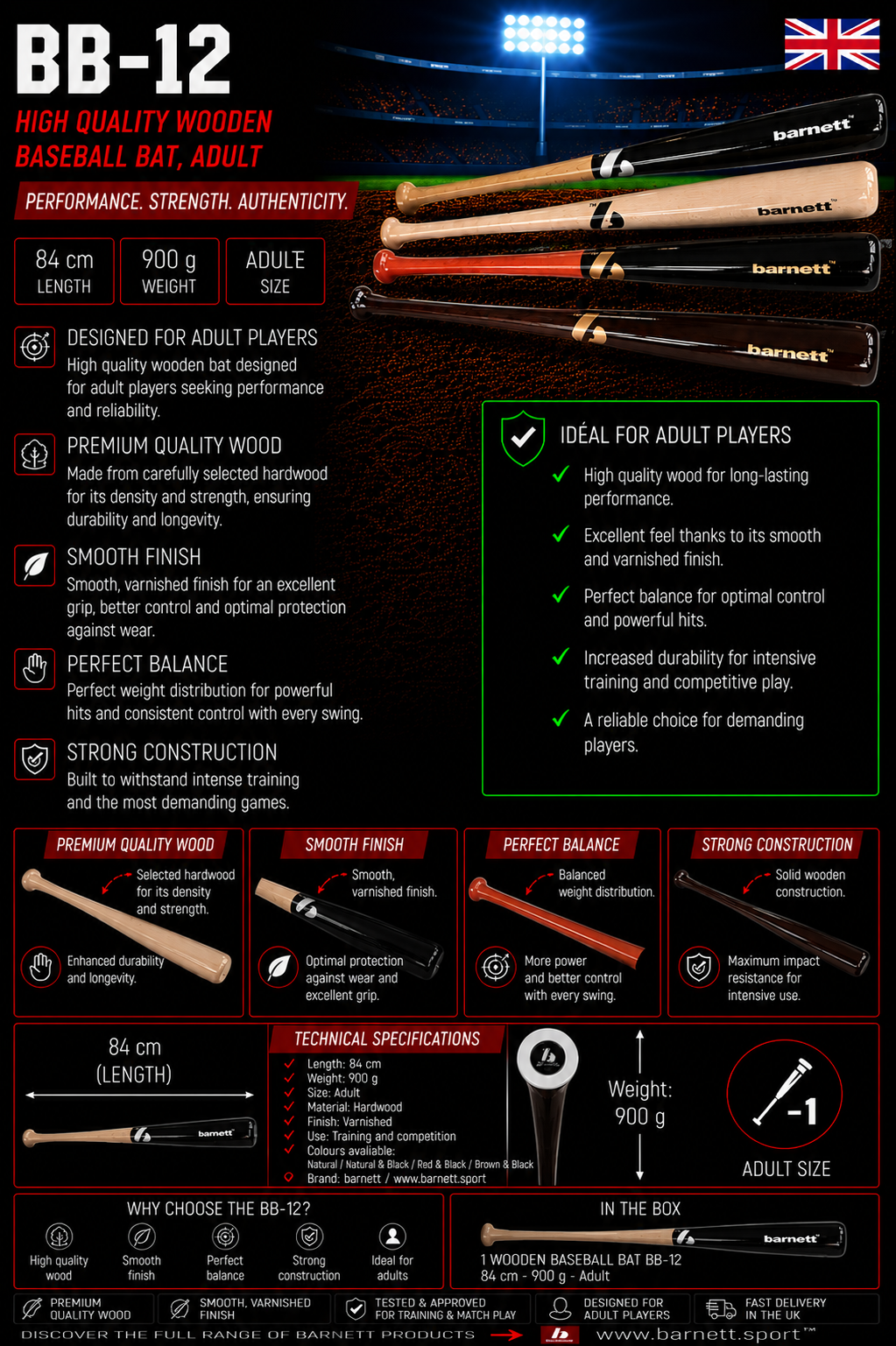 Batte de baseball BB-12 en bois de qualité, adulte