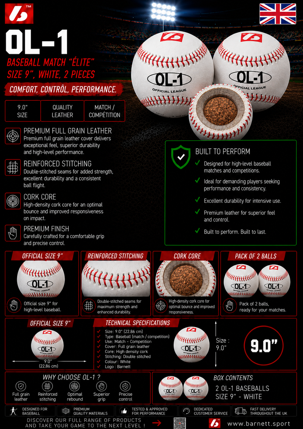 Balles de baseball de compétition OL-1, taille 9" blanches, 2 pièces