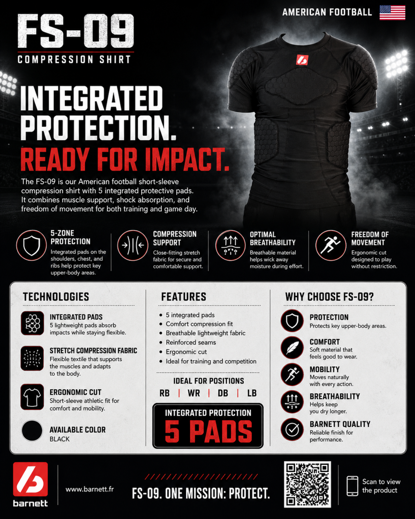 T-shirt de compression FS-09 à manches courtes, 4 pièces intégrées, pour football américain
