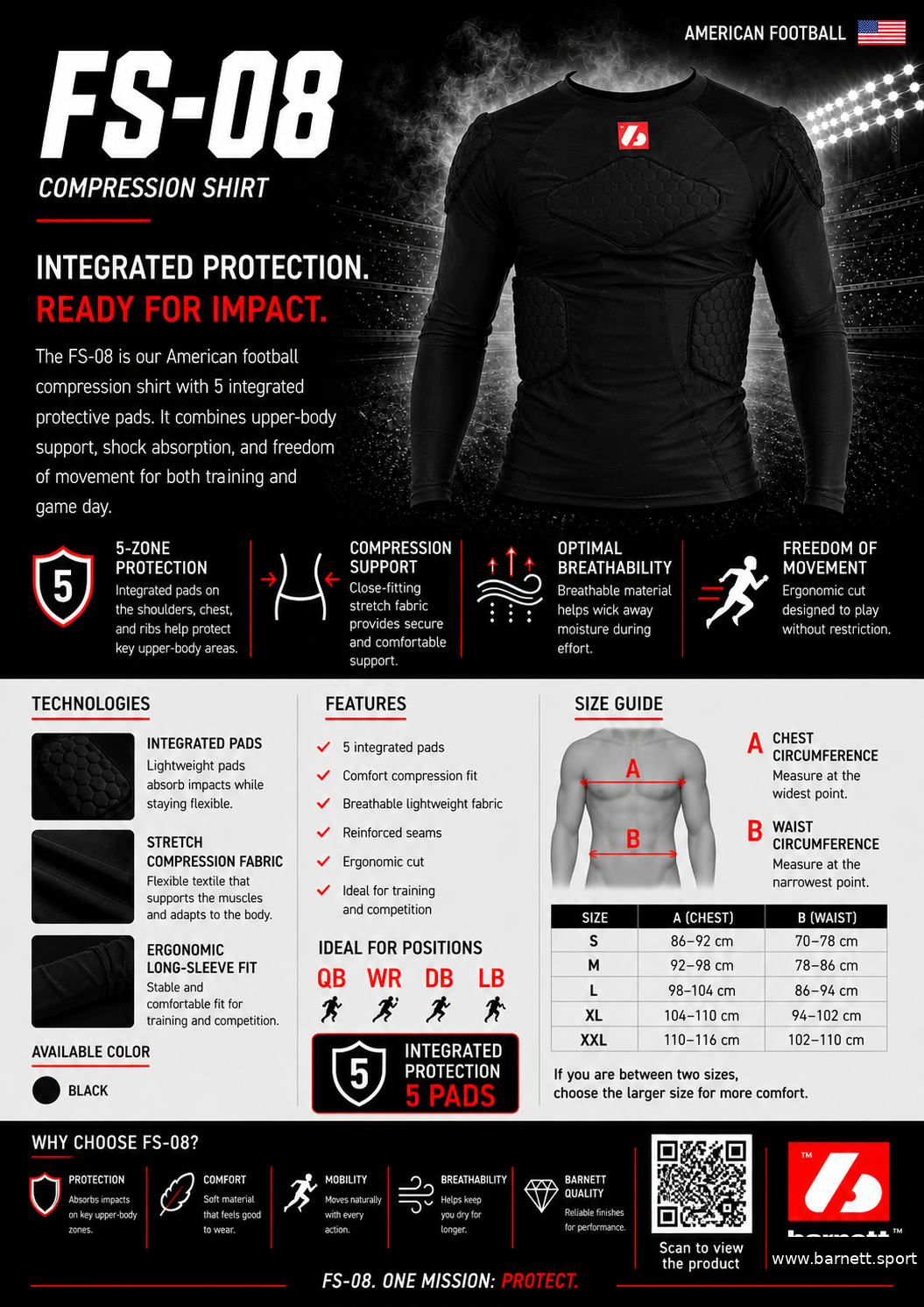 T-shirt de compression FS-08 à manches longues, 5 pièces intégrées, pour le football américain