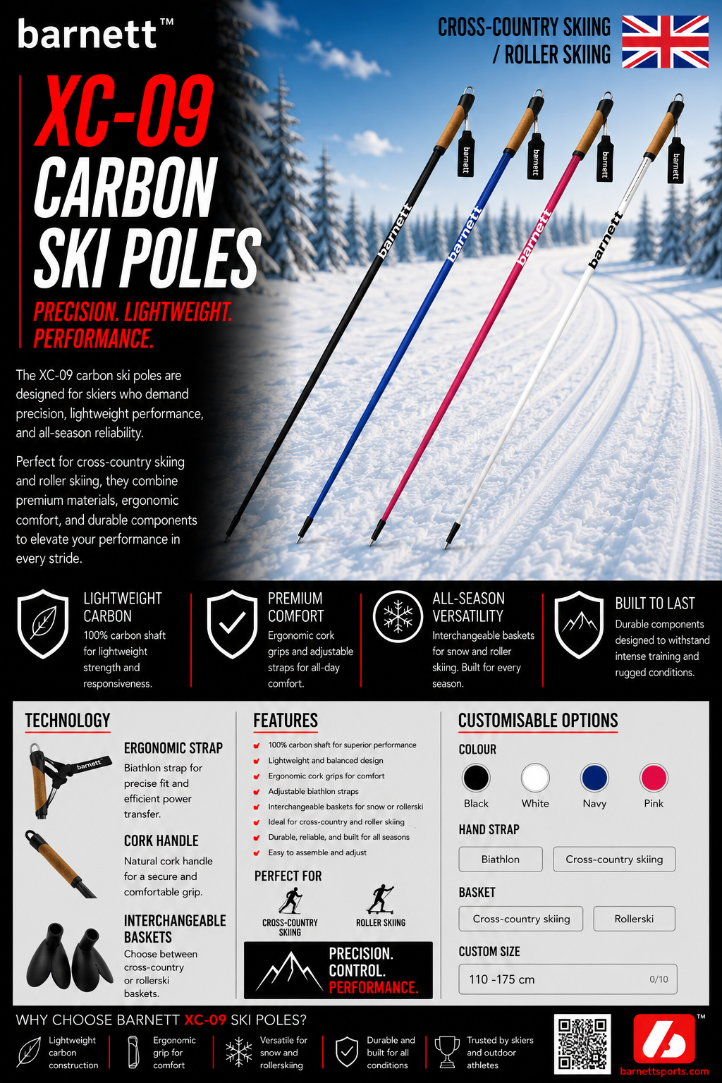 XC-09 Bâtons de ski en carbone pour ski nordique et roller, noir