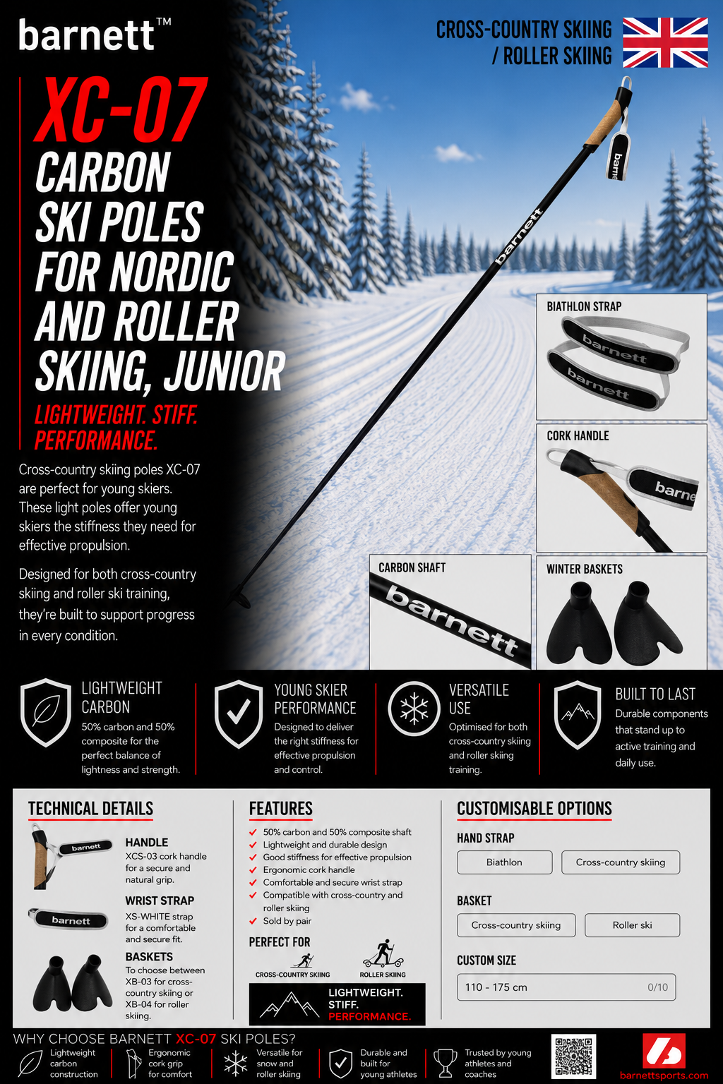 XC-07 Bâtons de ski en carbone pour ski nordique et ski à roulettes, Junior
