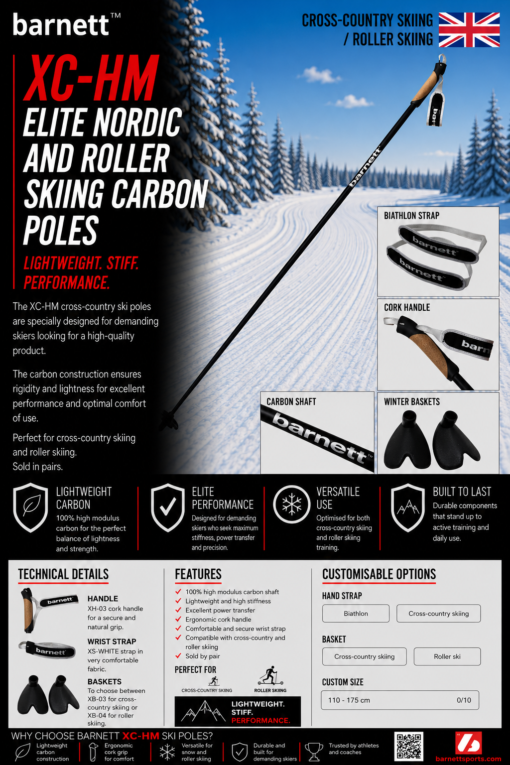 XC-HM Elite Bâtons de ski nordique et de ski à roulettes en carbone