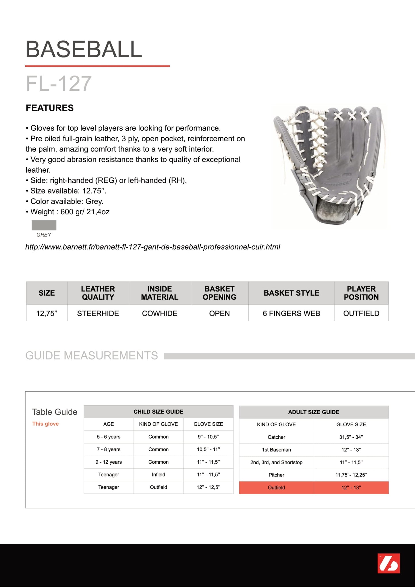 FL-127 gant de baseball en cuir de haute qualité, champ intérieur / champ extérieur / lanceur, gris clair