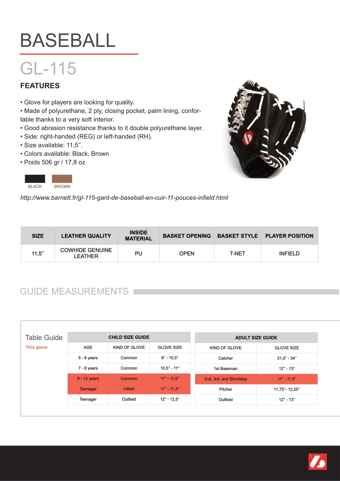 GL-115 Gant de baseball de compétition 11.5, noir