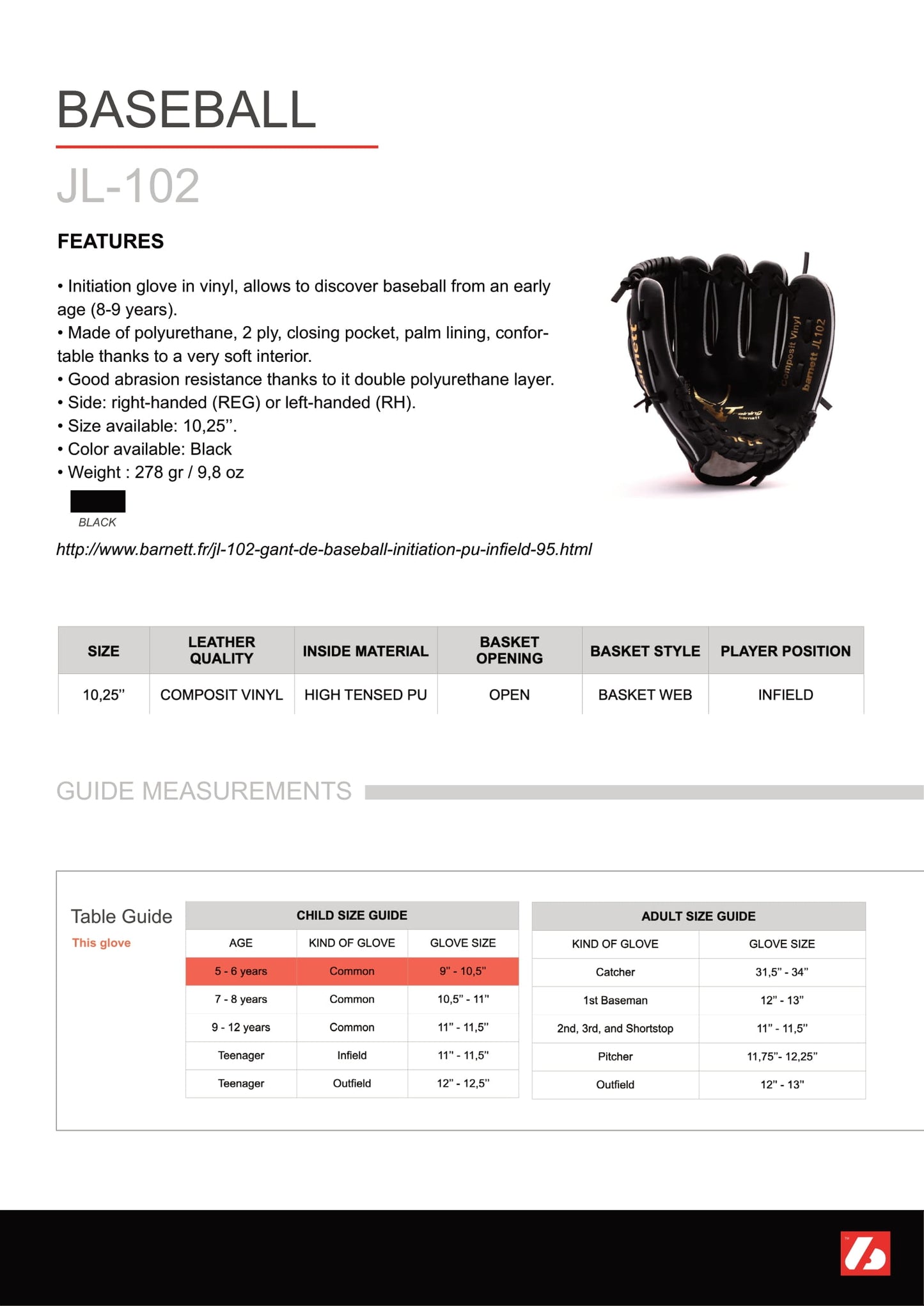 JL-102 Gant de baseball composite, Infield, Taille 10,25, Noir