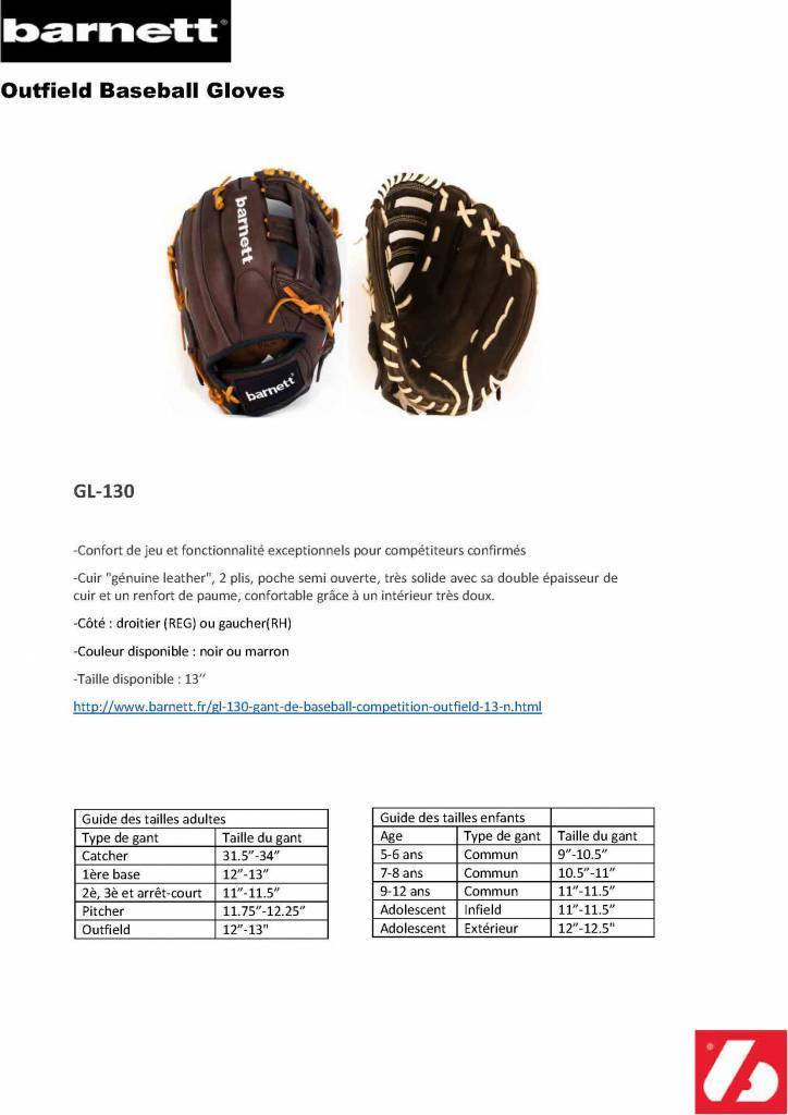 Gant de baseball de compétition GL-130, cuir véritable, champ extérieur 13, marron